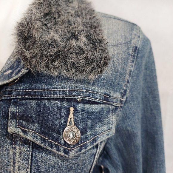Americana Blues Denim Crop Jean Jacket Faux Fur Details Size L - Picture 9 of 9